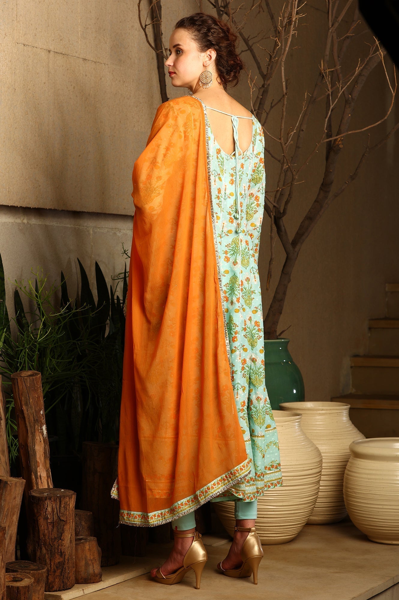 W for Woman Blue Floral Printed Embellished Panelled Chanderi Kurta, Tights And Dupatta Set