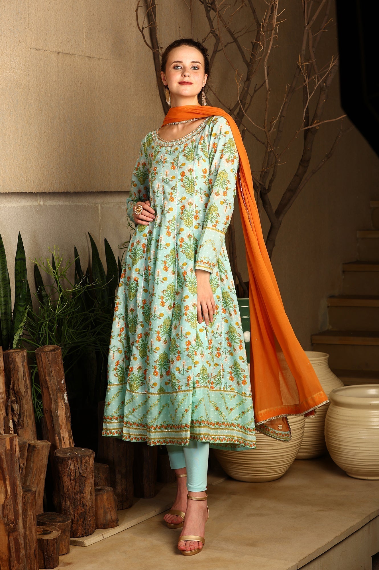 W for Woman Blue Floral Printed Embellished Panelled Chanderi Kurta, Tights And Dupatta Set
