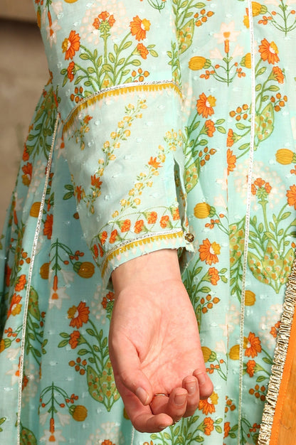 W for Woman Blue Floral Printed Embellished Panelled Chanderi Kurta, Tights And Dupatta Set