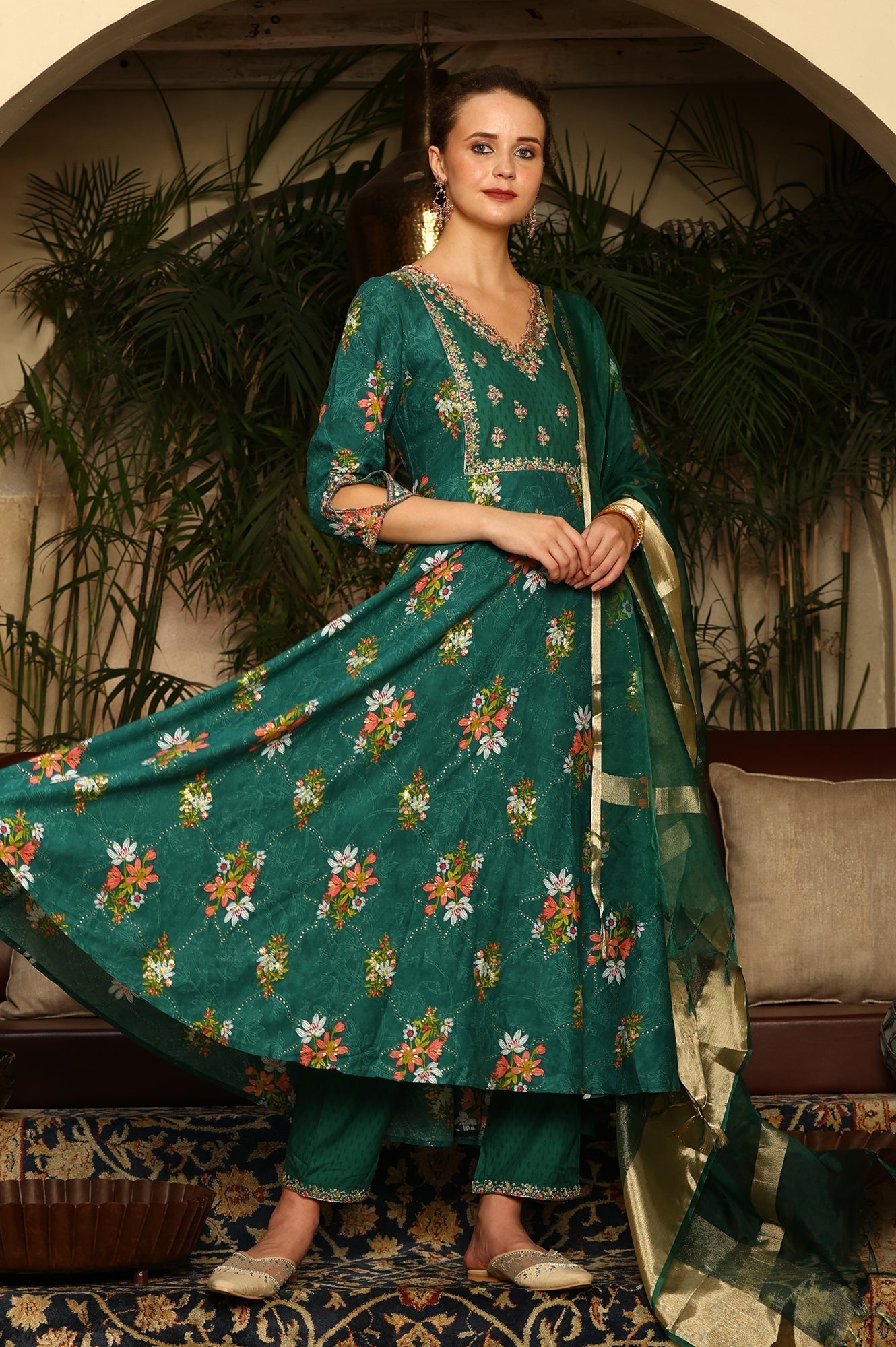 W for Woman Green Floral Printed Embroidered Flared Kurta, Pants And Dupatta Set