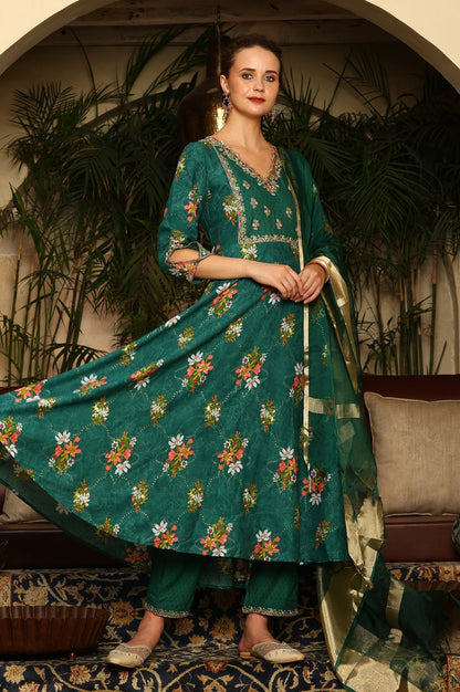 W for Woman Green Floral Printed Embroidered Flared Kurta, Pants And Dupatta Set