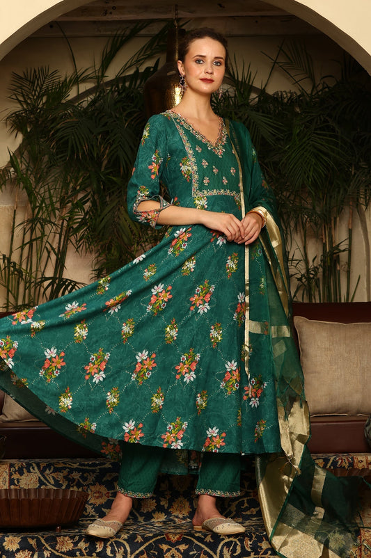 W for Woman Green Floral Printed Embroidered Flared Kurta, Pants And Dupatta Set