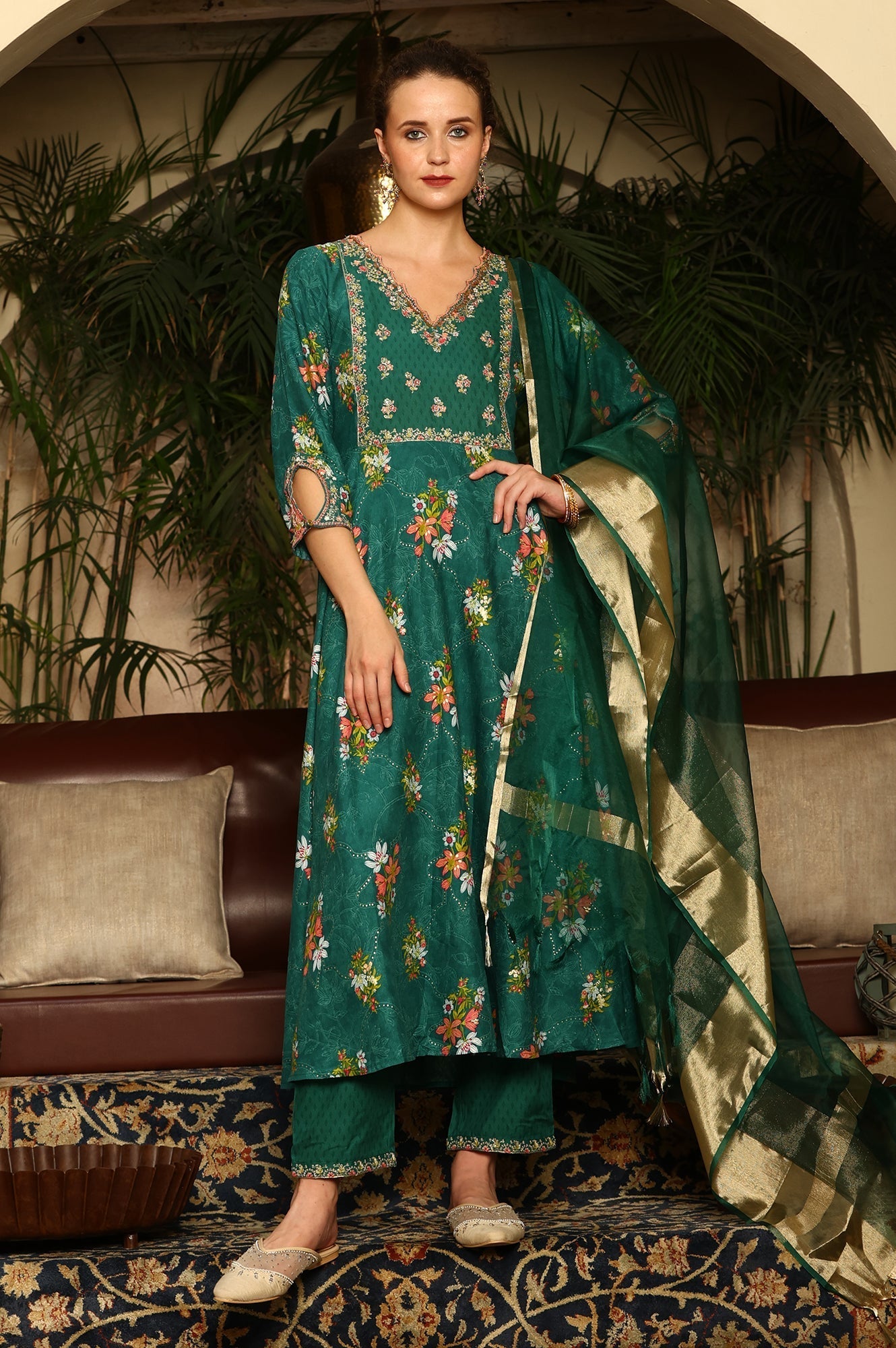 W for Woman Green Floral Printed Embroidered Flared Kurta, Pants And Dupatta Set