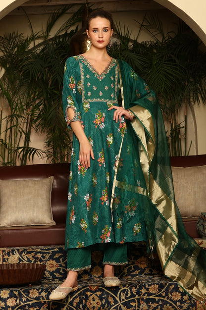 W for Woman Green Floral Printed Embroidered Flared Kurta, Pants And Dupatta Set