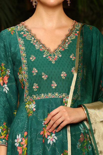 W for Woman Green Floral Printed Embroidered Flared Kurta, Pants And Dupatta Set