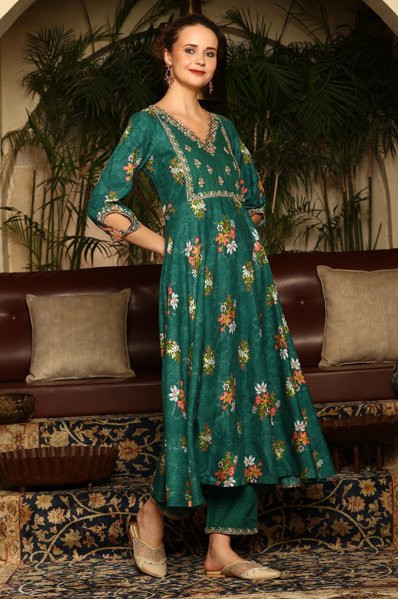 W for Woman Green Floral Printed Embroidered Flared Kurta, Pants And Dupatta Set