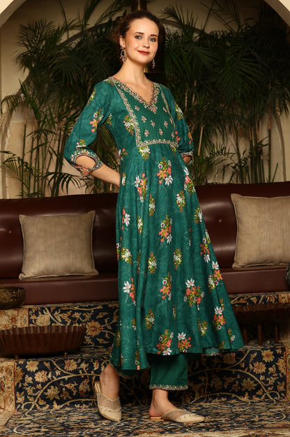 W for Woman Green Floral Printed Embroidered Flared Kurta, Pants And Dupatta Set