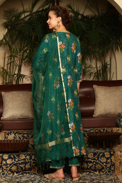 W for Woman Green Floral Printed Embroidered Flared Kurta, Pants And Dupatta Set