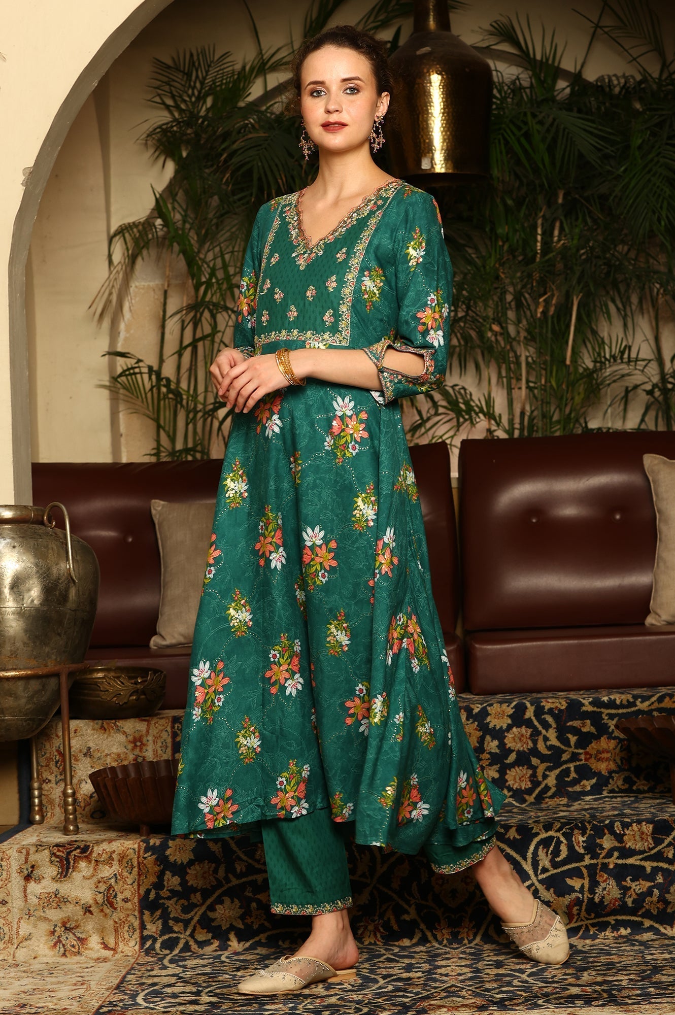 W for Woman Green Floral Printed Embroidered Flared Kurta, Pants And Dupatta Set
