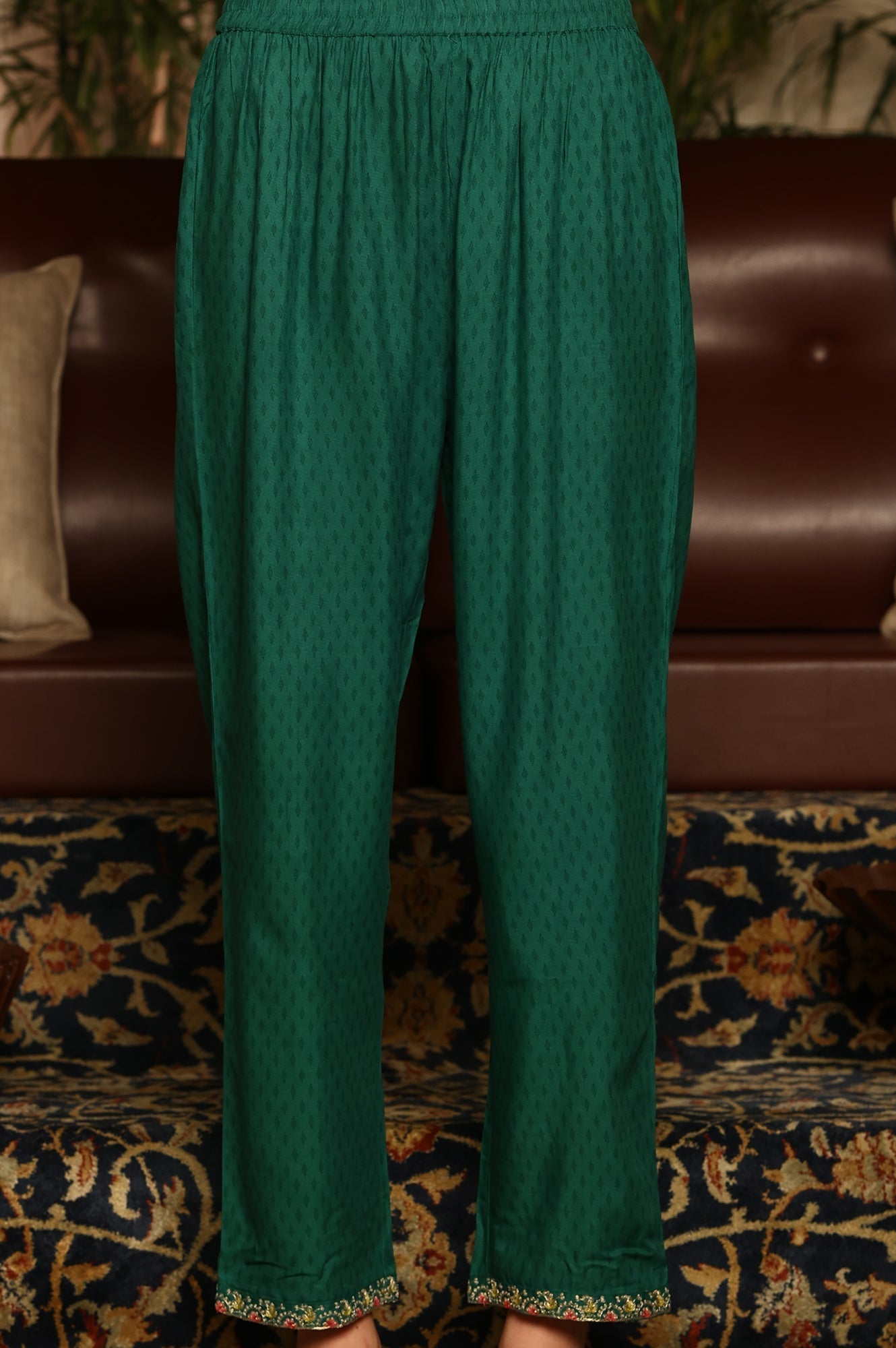 W for Woman Green Floral Printed Embroidered Flared Kurta, Pants And Dupatta Set