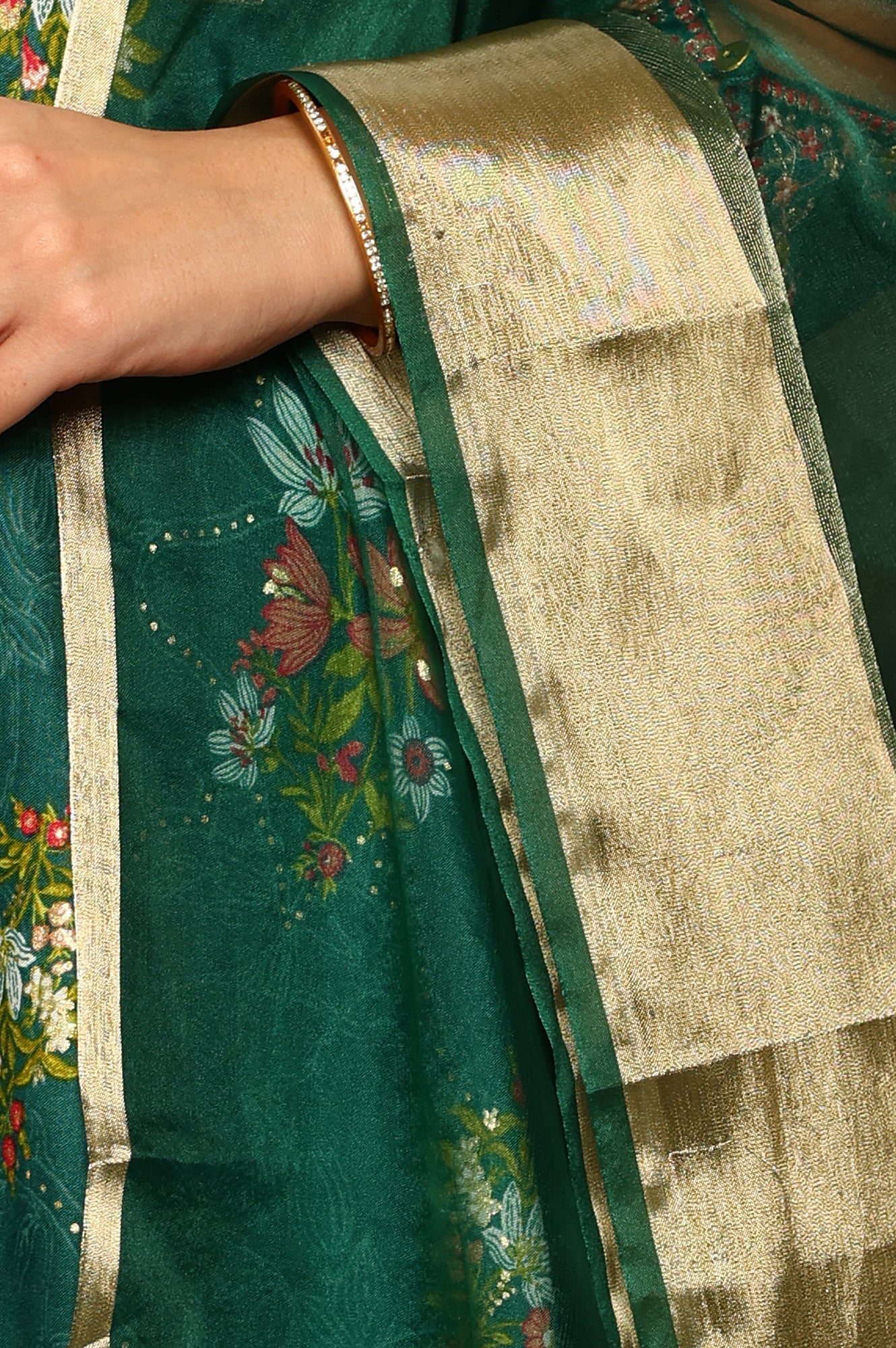 W for Woman Green Floral Printed Embroidered Flared Kurta, Pants And Dupatta Set