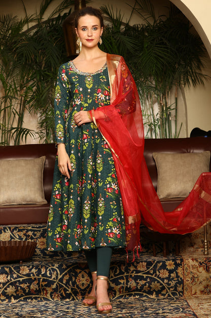 W for Woman Deep Green Floral Printed Shantung Anarkali Kurta, Tights And Organza Dupatta