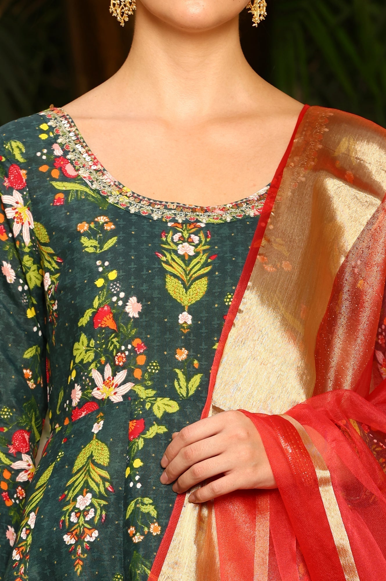 W for Woman Deep Green Floral Printed Shantung Anarkali Kurta, Tights And Organza Dupatta