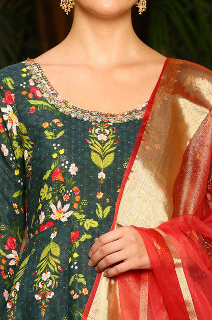 W for Woman Deep Green Floral Printed Shantung Anarkali Kurta, Tights And Organza Dupatta