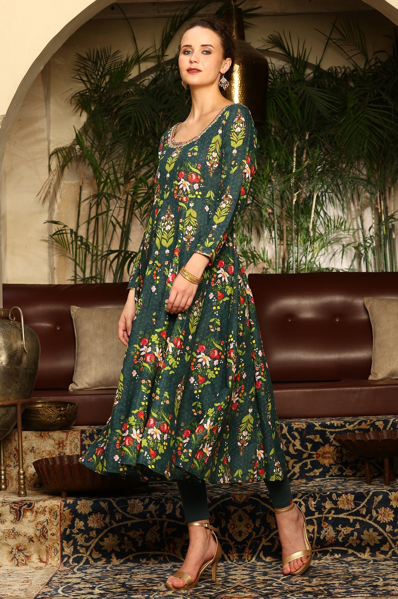 W for Woman Deep Green Floral Printed Shantung Anarkali Kurta, Tights And Organza Dupatta