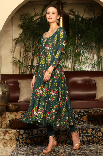 W for Woman Deep Green Floral Printed Shantung Anarkali Kurta, Tights And Organza Dupatta