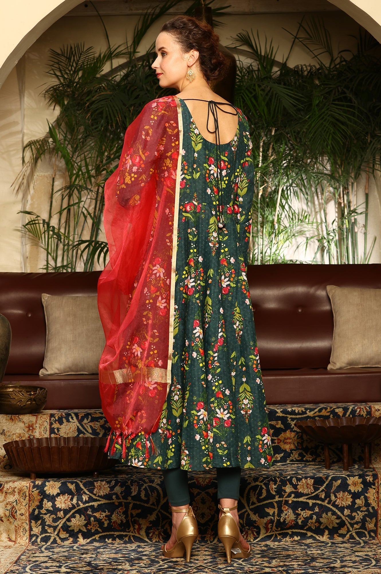 W for Woman Deep Green Floral Printed Shantung Anarkali Kurta, Tights And Organza Dupatta