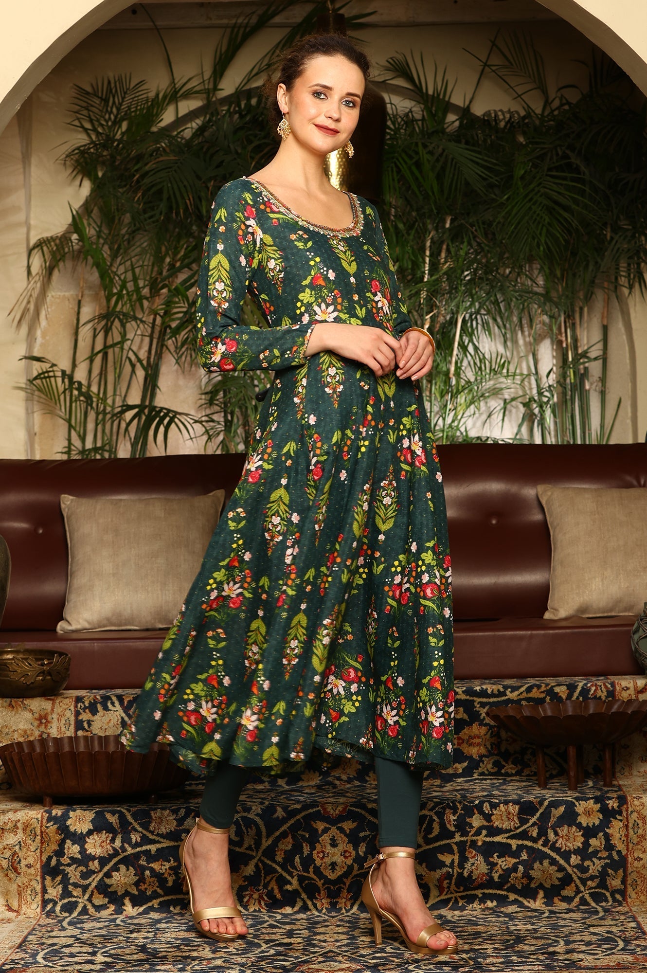 W for Woman Deep Green Floral Printed Shantung Anarkali Kurta, Tights And Organza Dupatta