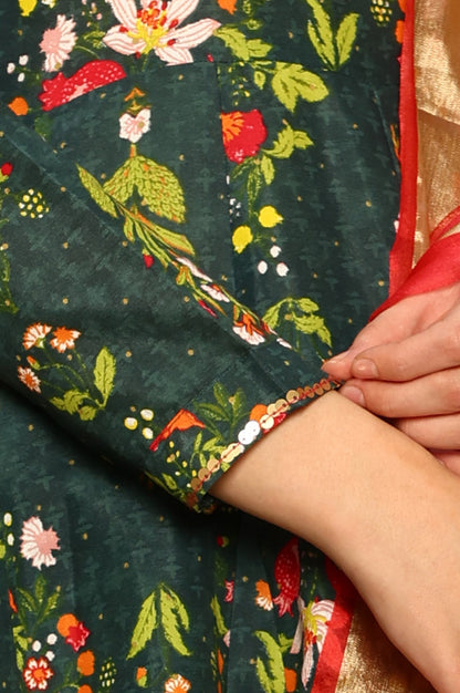 W for Woman Deep Green Floral Printed Shantung Anarkali Kurta, Tights And Organza Dupatta
