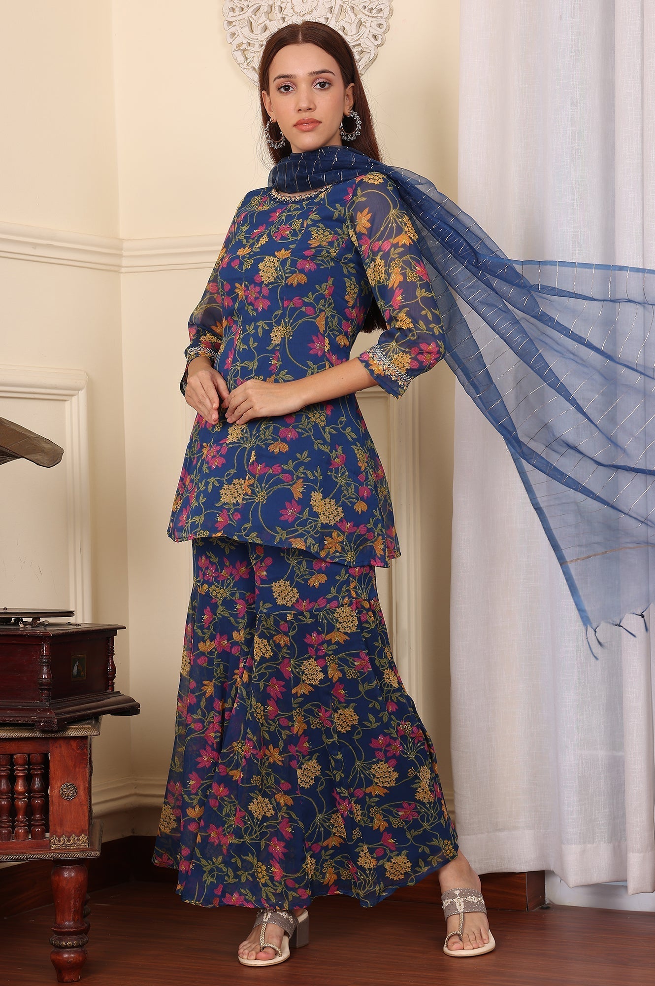 W for Woman Navy Blue Floral Printed Embroidered Flared Short Kurta And Sharara Set With Dupatta