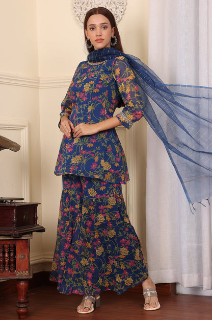 W for Woman Navy Blue Floral Printed Embroidered Flared Short Kurta And Sharara Set With Dupatta