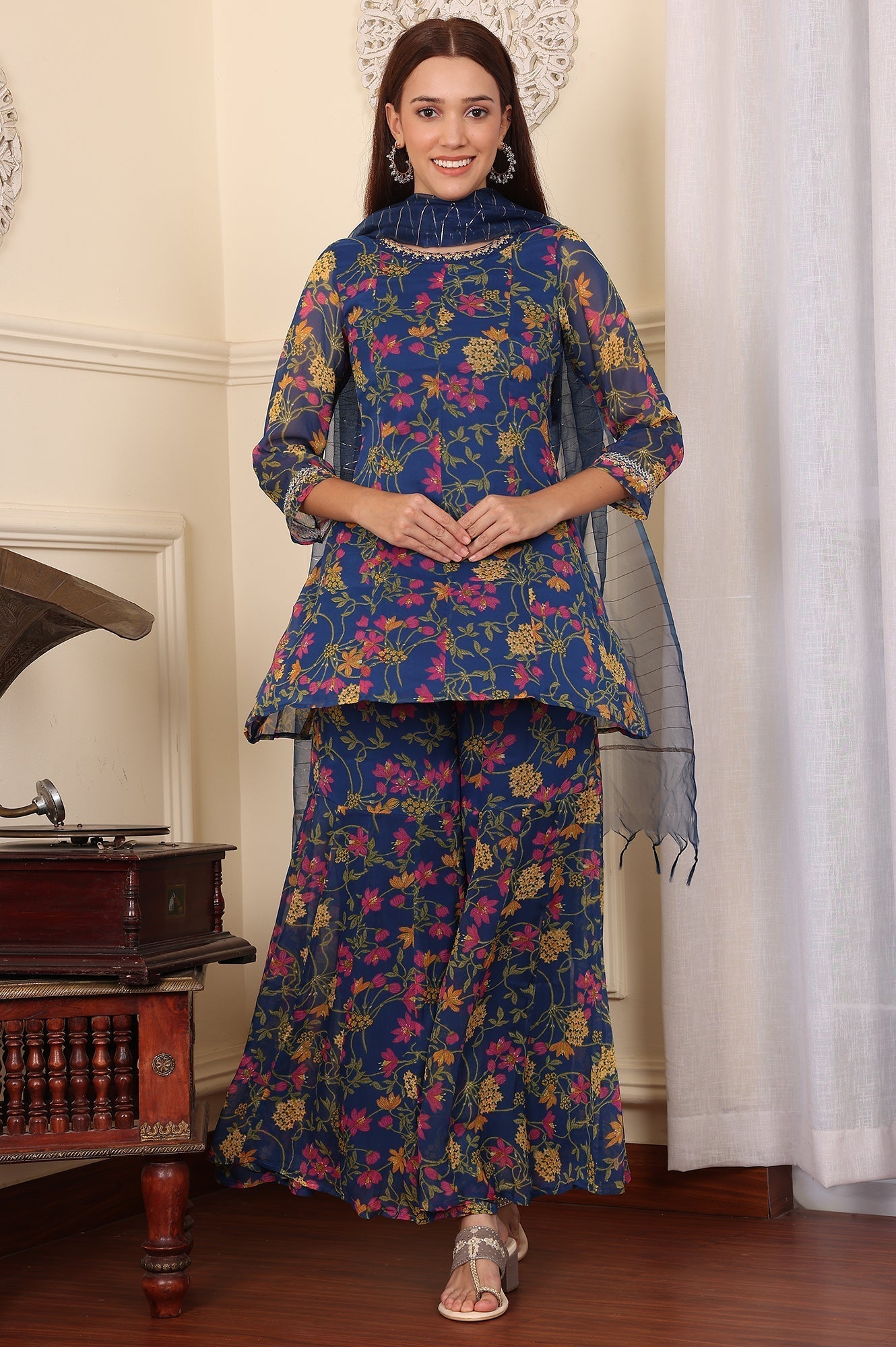 W for Woman Navy Blue Floral Printed Embroidered Flared Short Kurta And Sharara Set With Dupatta
