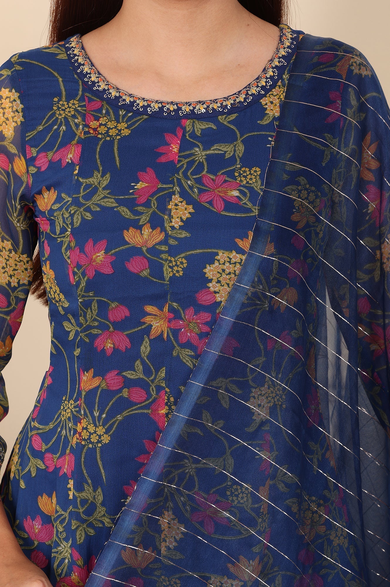 W for Woman Navy Blue Floral Printed Embroidered Flared Short Kurta And Sharara Set With Dupatta