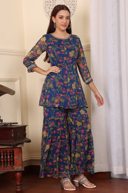 W for Woman Navy Blue Floral Printed Embroidered Flared Short Kurta And Sharara Set With Dupatta
