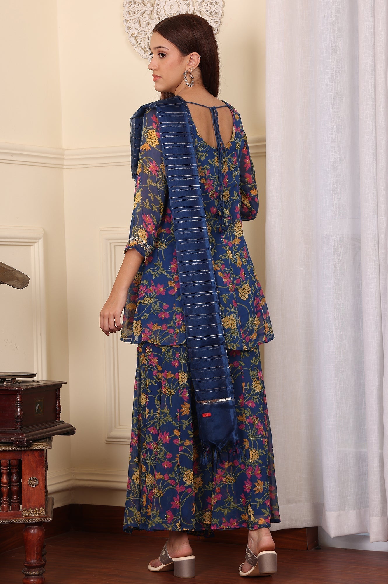 W for Woman Navy Blue Floral Printed Embroidered Flared Short Kurta And Sharara Set With Dupatta