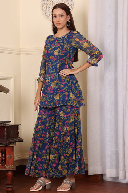 W for Woman Navy Blue Floral Printed Embroidered Flared Short Kurta And Sharara Set With Dupatta