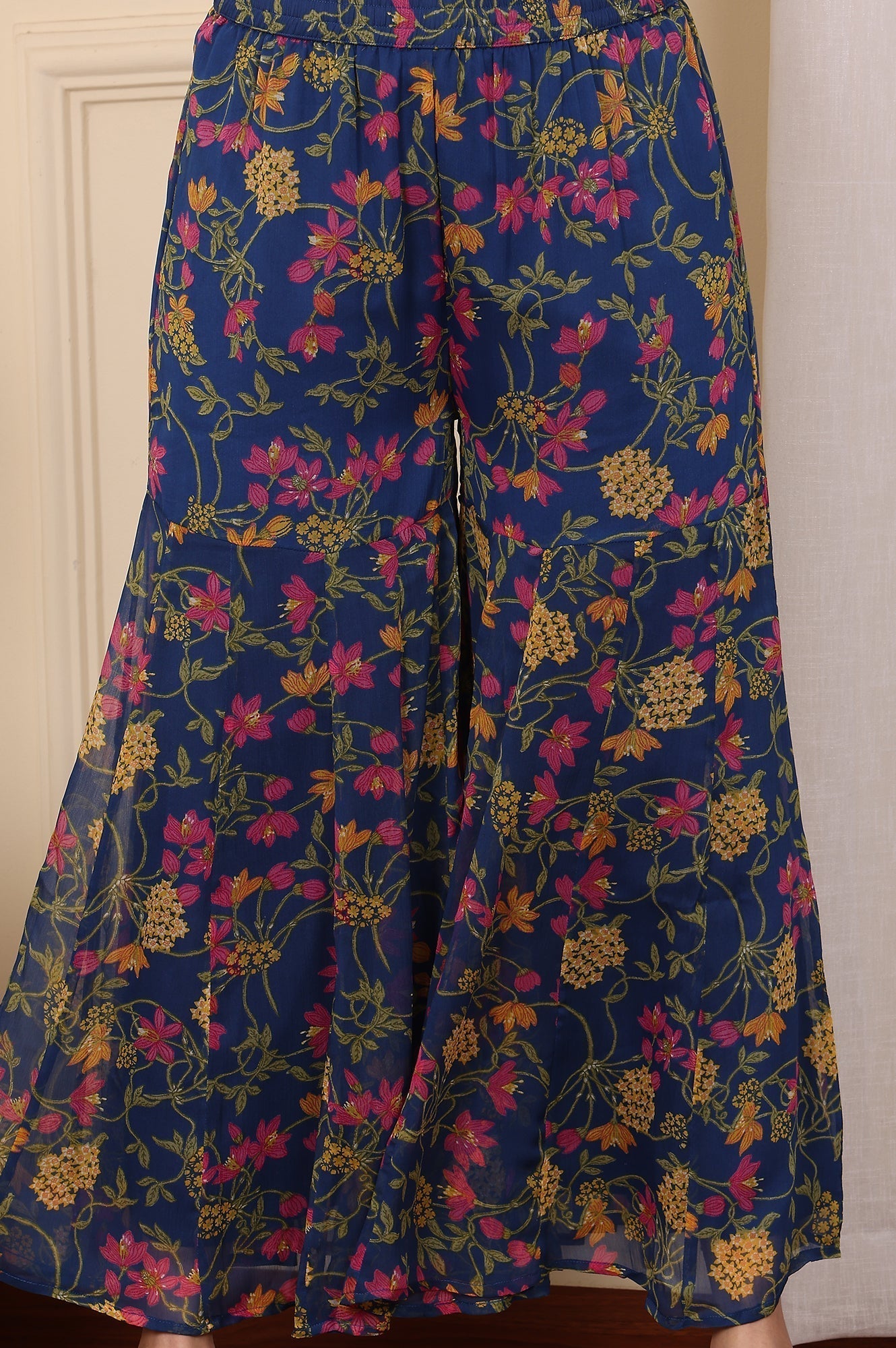 W for Woman Navy Blue Floral Printed Embroidered Flared Short Kurta And Sharara Set With Dupatta