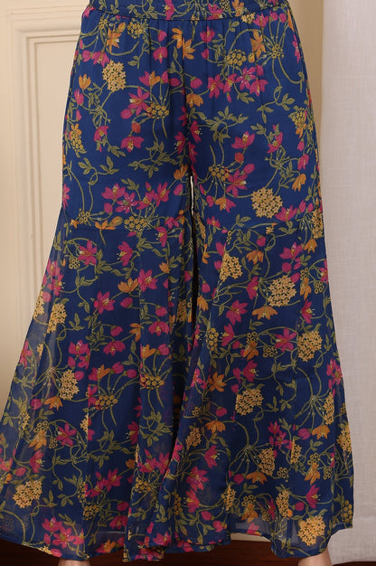 W for Woman Navy Blue Floral Printed Embroidered Flared Short Kurta And Sharara Set With Dupatta