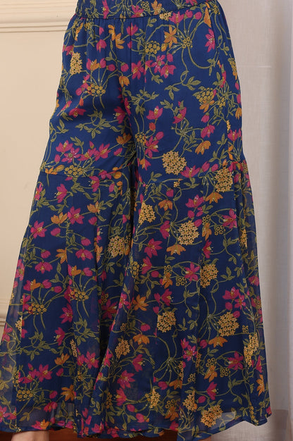 W for Woman Navy Blue Floral Printed Embroidered Flared Short Kurta And Sharara Set With Dupatta