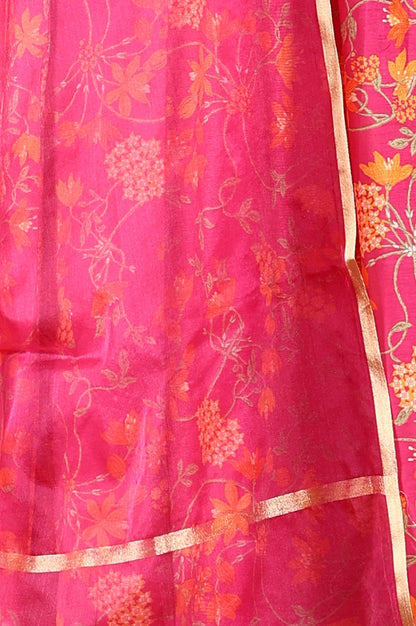 W for Woman Magenta Pink Floral Printed Kalidar Flared Chanderi Kurta & Pants Set With Dupatta