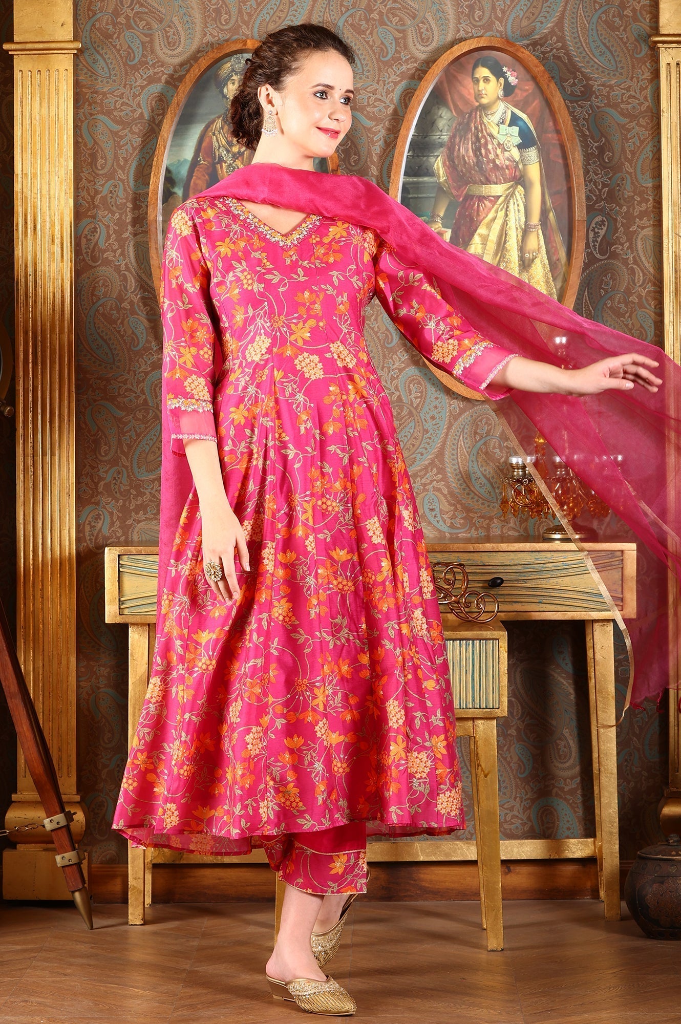 W for Woman Magenta Pink Floral Printed Kalidar Flared Chanderi Kurta & Pants Set With Dupatta