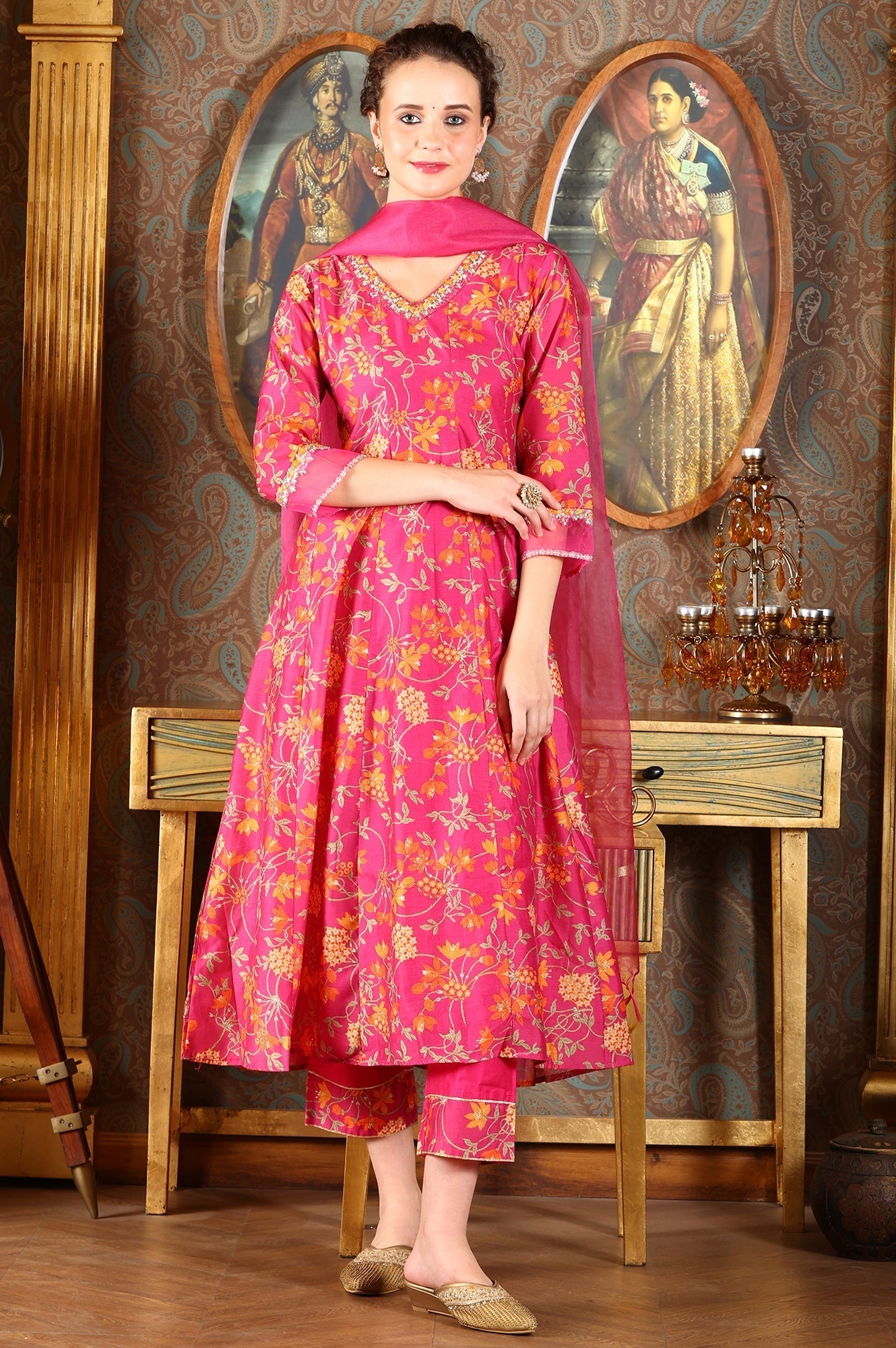 W for Woman Magenta Pink Floral Printed Kalidar Flared Chanderi Kurta & Pants Set With Dupatta