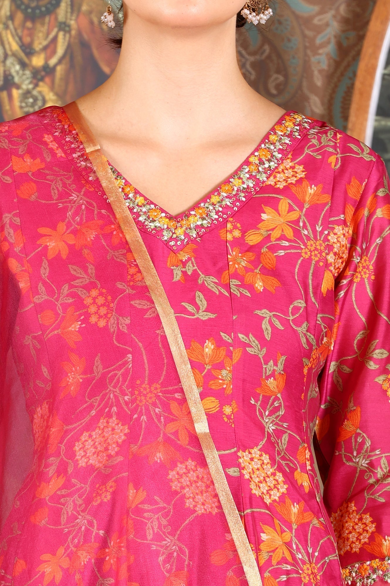 W for Woman Magenta Pink Floral Printed Kalidar Flared Chanderi Kurta & Pants Set With Dupatta