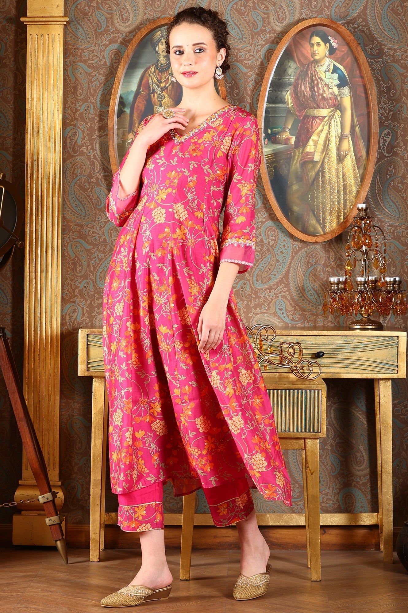 W for Woman Magenta Pink Floral Printed Kalidar Flared Chanderi Kurta & Pants Set With Dupatta