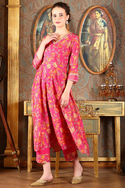W for Woman Magenta Pink Floral Printed Kalidar Flared Chanderi Kurta & Pants Set With Dupatta