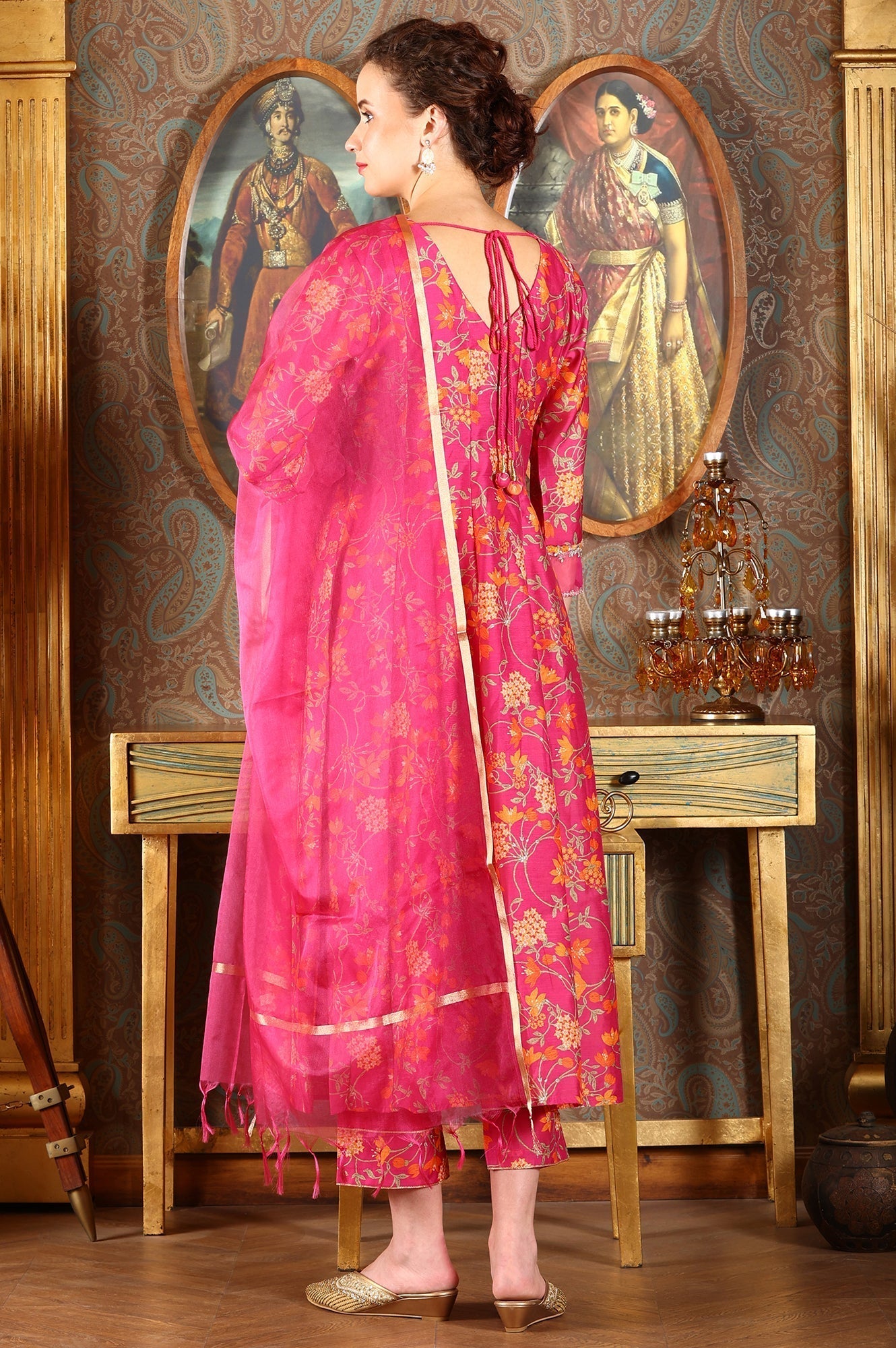 W for Woman Magenta Pink Floral Printed Kalidar Flared Chanderi Kurta & Pants Set With Dupatta