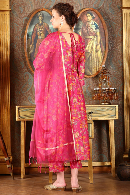 W for Woman Magenta Pink Floral Printed Kalidar Flared Chanderi Kurta & Pants Set With Dupatta