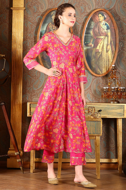 W for Woman Magenta Pink Floral Printed Kalidar Flared Chanderi Kurta & Pants Set With Dupatta