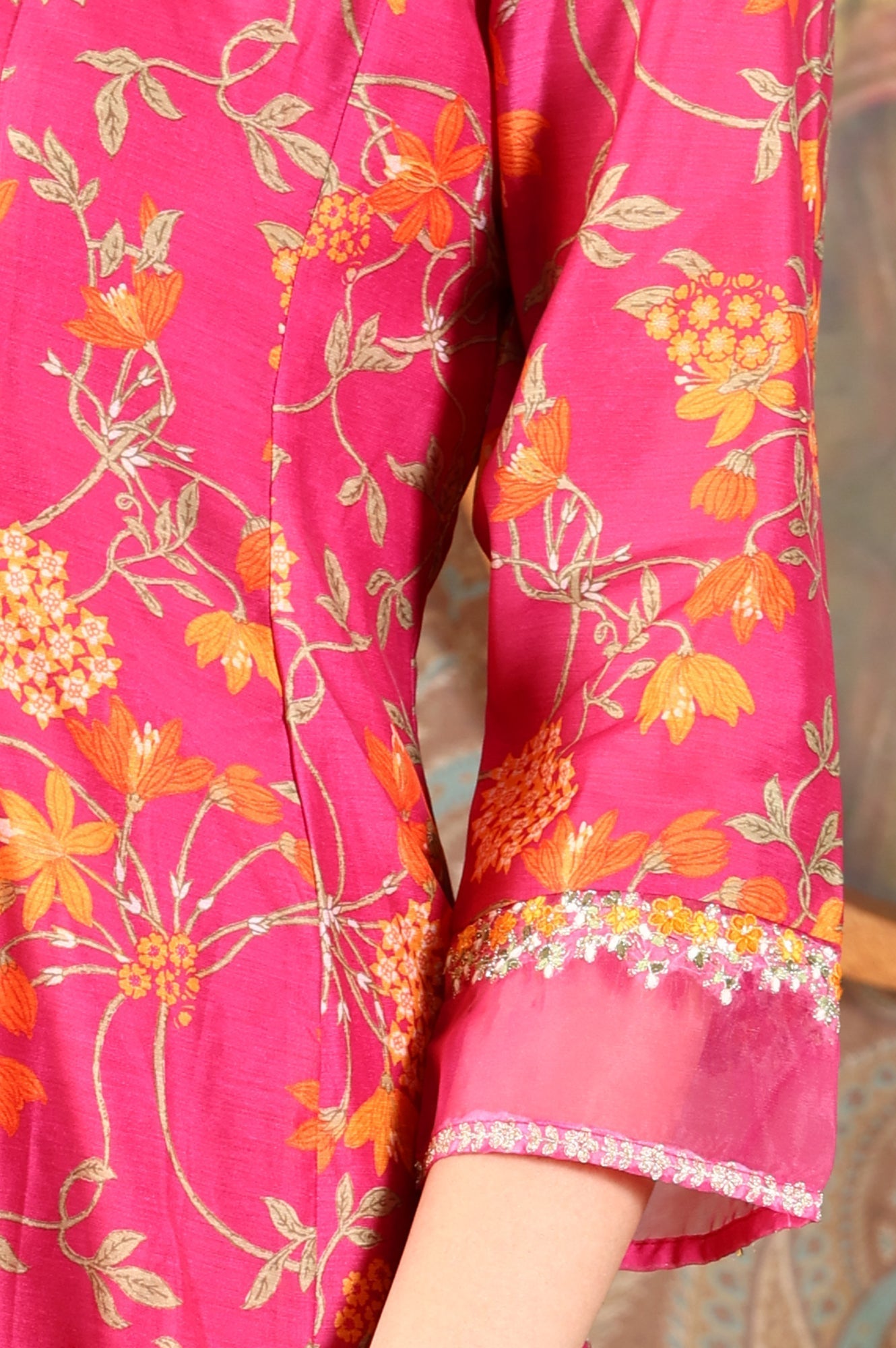 W for Woman Magenta Pink Floral Printed Kalidar Flared Chanderi Kurta & Pants Set With Dupatta
