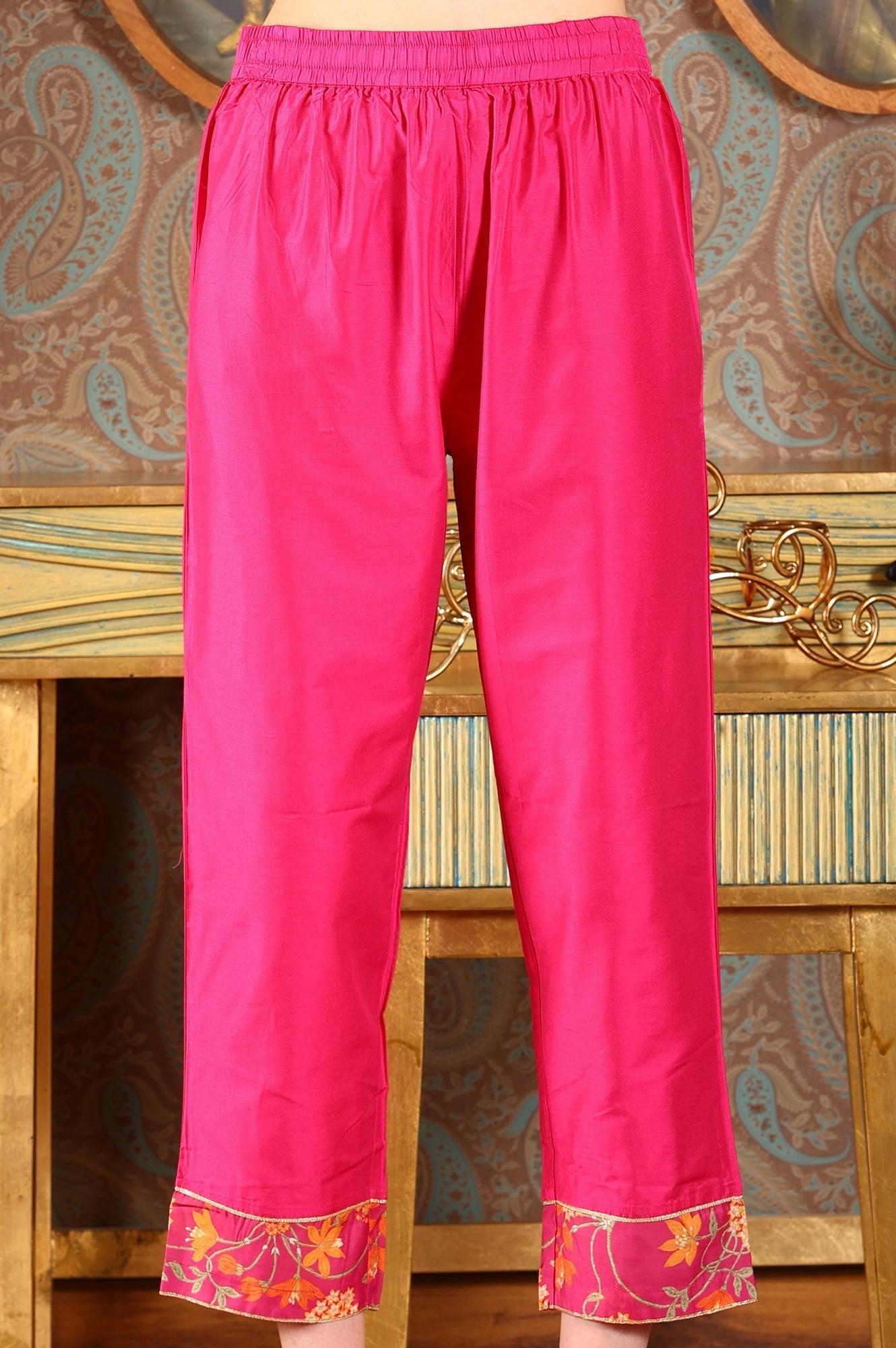 W for Woman Magenta Pink Floral Printed Kalidar Flared Chanderi Kurta & Pants Set With Dupatta