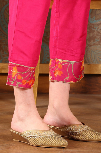 W for Woman Magenta Pink Floral Printed Kalidar Flared Chanderi Kurta & Pants Set With Dupatta