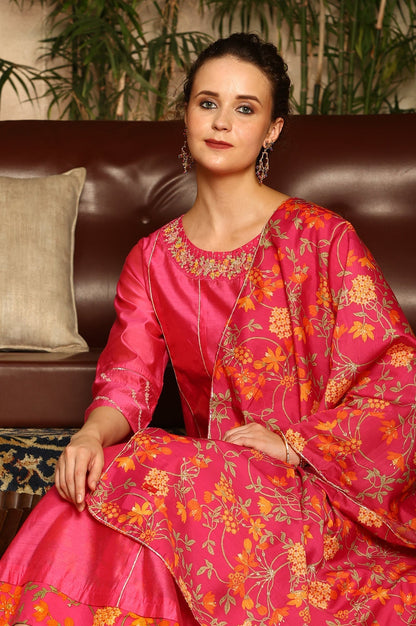 W for Woman Magenta Pink Chanderi Dori Embroidered Anarkali Kurta, Pants And Dupatta Set