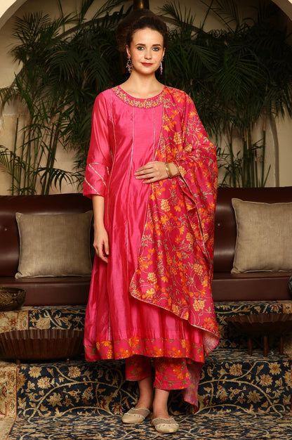 W for Woman Magenta Pink Chanderi Dori Embroidered Anarkali Kurta, Pants And Dupatta Set