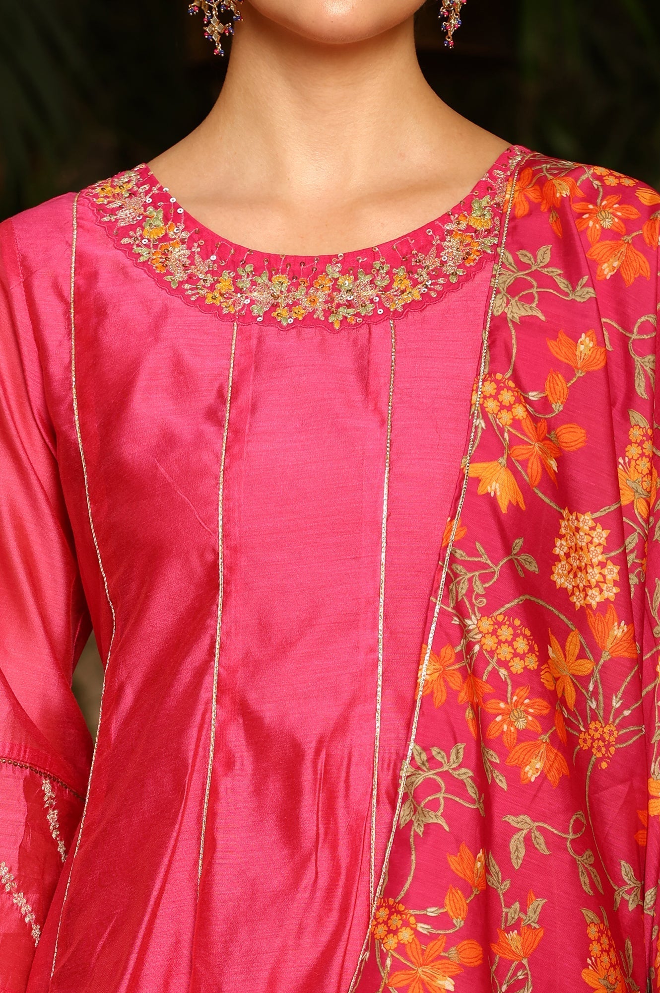 W for Woman Magenta Pink Chanderi Dori Embroidered Anarkali Kurta, Pants And Dupatta Set