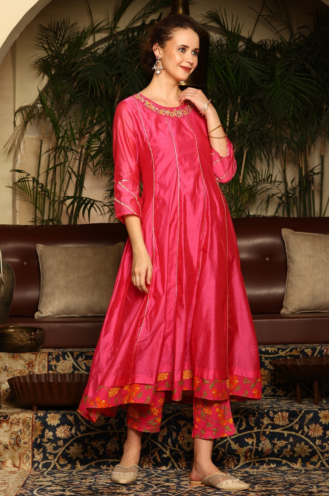 W for Woman Magenta Pink Chanderi Dori Embroidered Anarkali Kurta, Pants And Dupatta Set