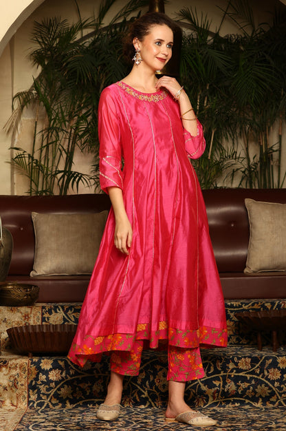 W for Woman Magenta Pink Chanderi Dori Embroidered Anarkali Kurta, Pants And Dupatta Set